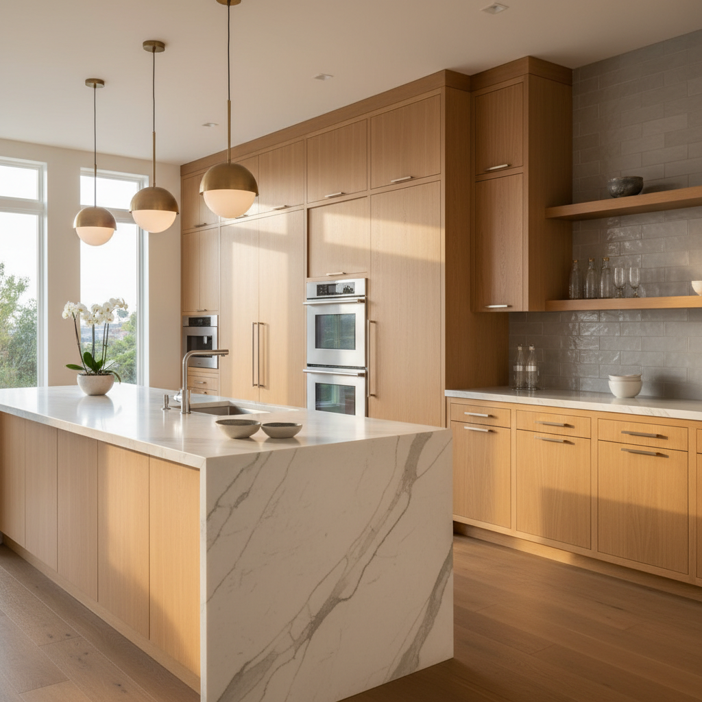 Bright upscale kitchen with integrated Thermador-style appliances