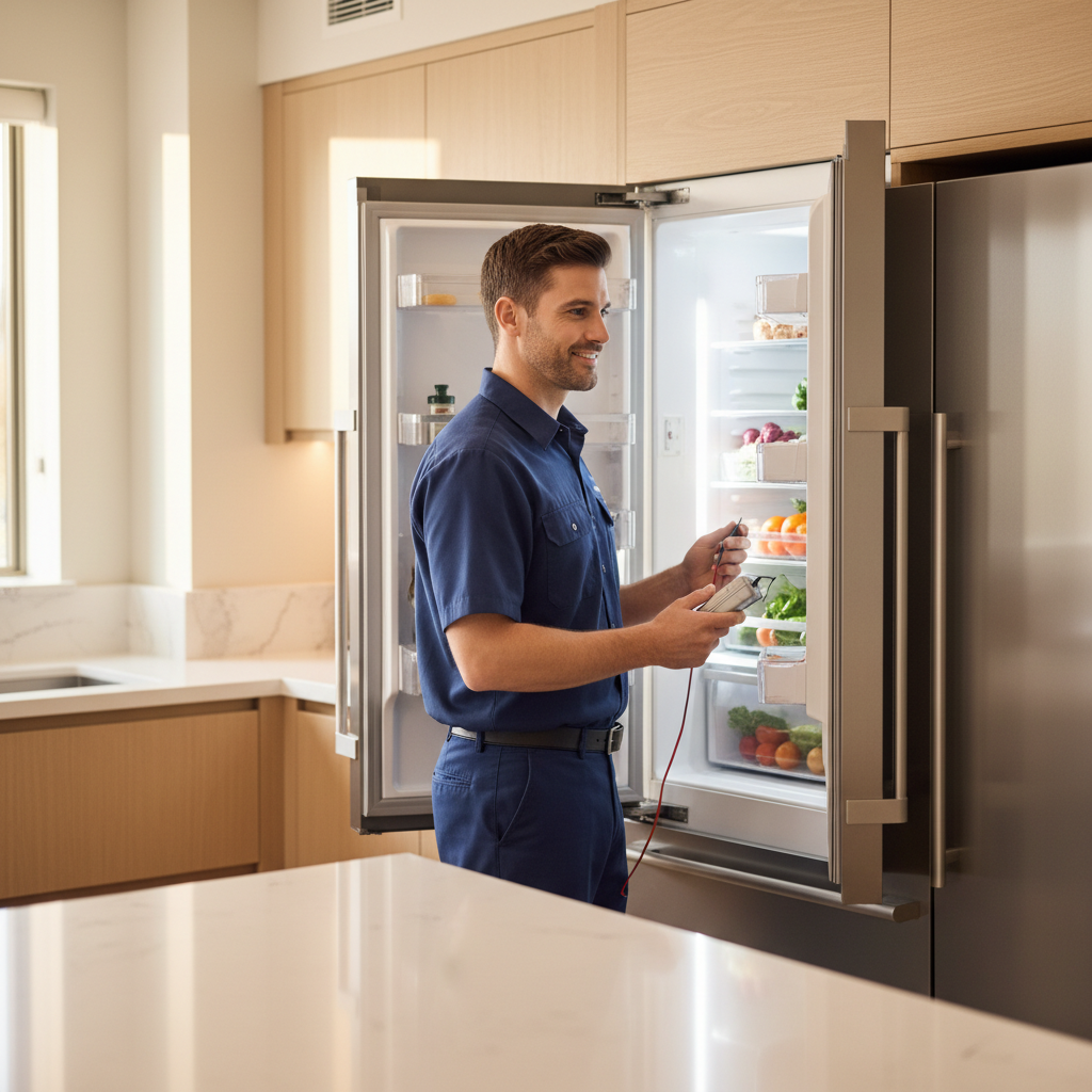 Professional appliance repair technician inspecting a built-in refrigerator